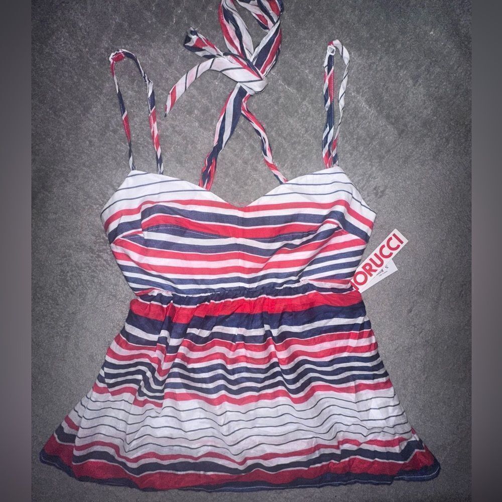Fiorucci Striped Red White Navy Peplum Tie Back Spaghetti Strap Top Size Large